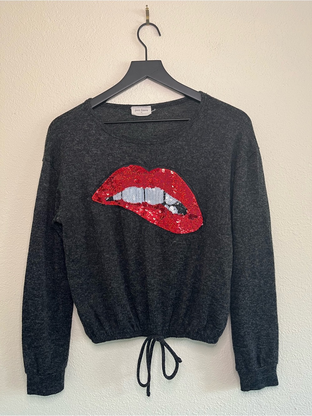 Free Kisses Coquette Sequin Lip Drawstring Pullover - Charcoal with Red Lip